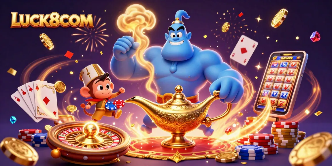 Engage with LUCK8COM's thrilling atmosphere, featuring casino elements like poker chips and a genie in a colorful 3D illustration.