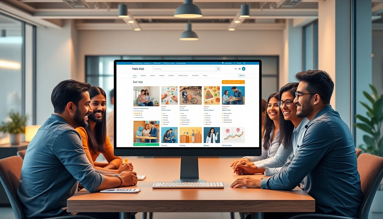 Engaging scene illustrating Hela Ads digital marketplace with diverse users in a modern workspace.