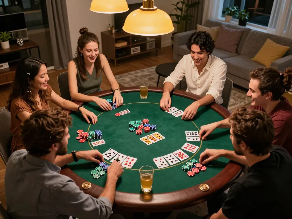 Friends enjoying a poker night at home, enhancing their MM88 gaming experience with strategy and laughter.