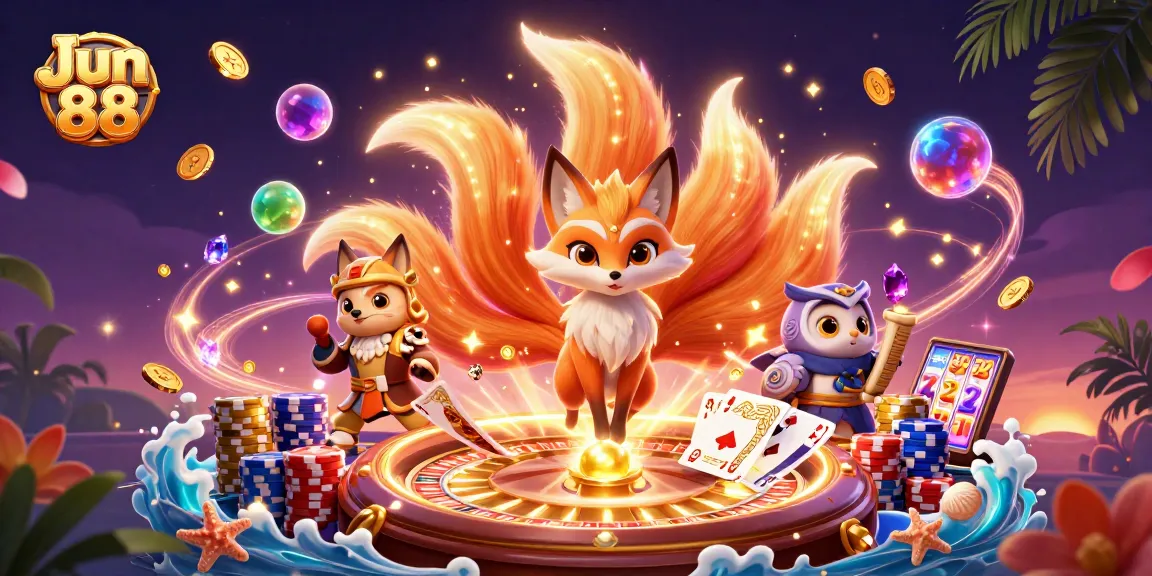 Win big with Jun 88 at this dazzling online casino, featuring vibrant characters and gaming elements.