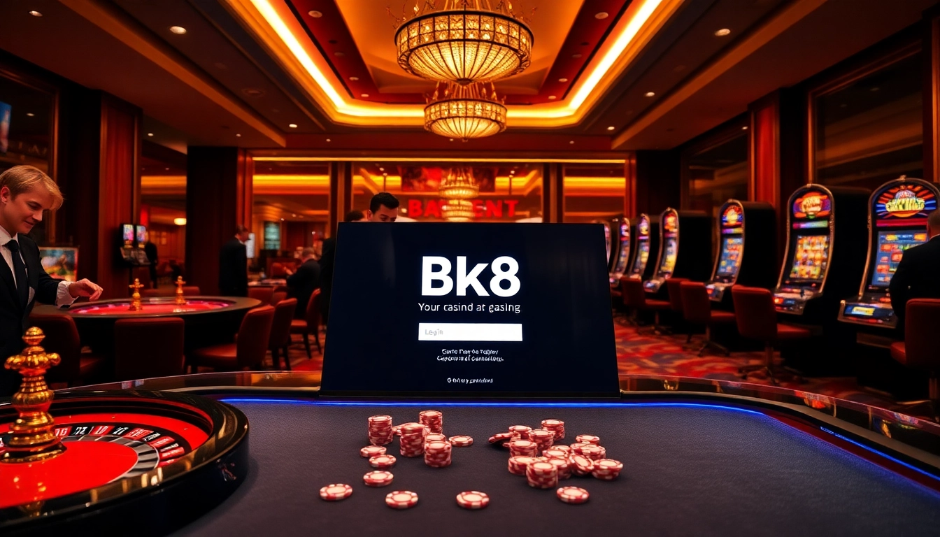 Engaging in a thrilling BK8 login experience within a luxurious casino setting, highlighting gaming excitement and professional elegance.
