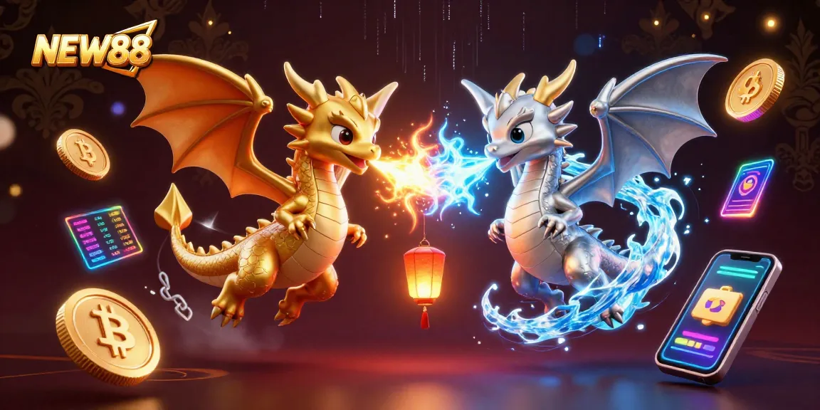 Engage with NEW88 as twin dragons clash in a vibrant casino world filled with crypto excitement.