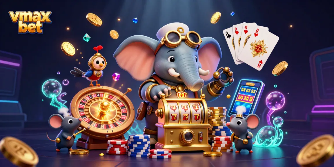 The steampunk elephant engineer operates a golden slot machine at vmax bet, surrounded by exciting casino elements.