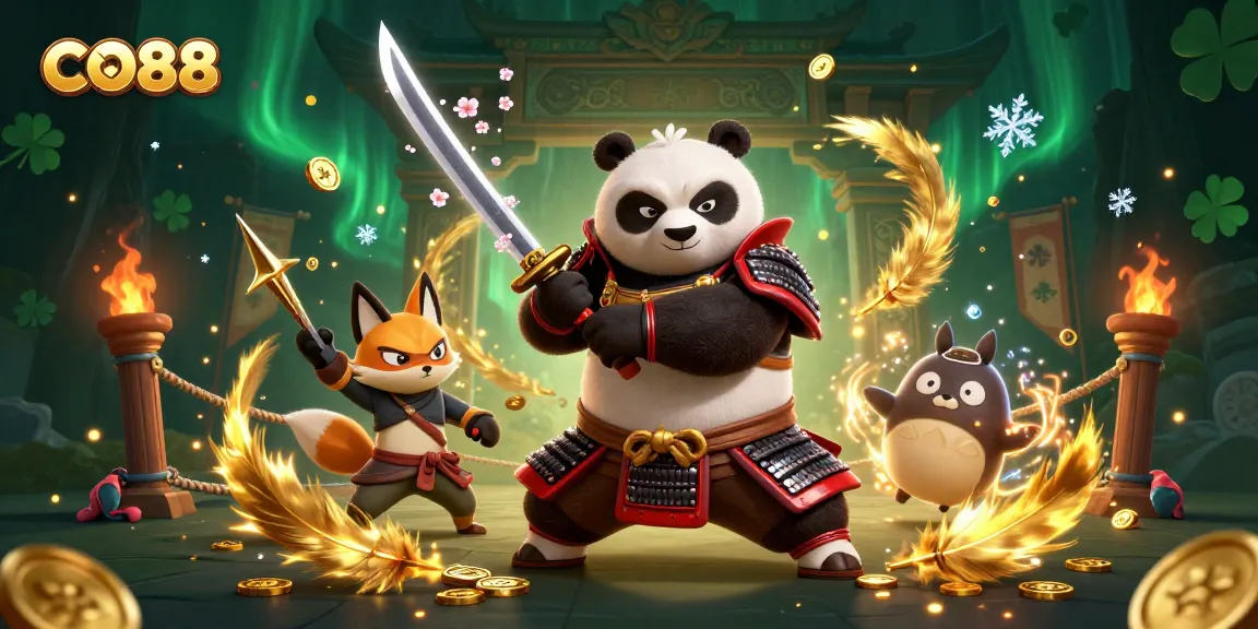 Engage with CO88's dynamic gaming world featuring a panda samurai and ninja fox amidst golden coins and cherry blossoms.