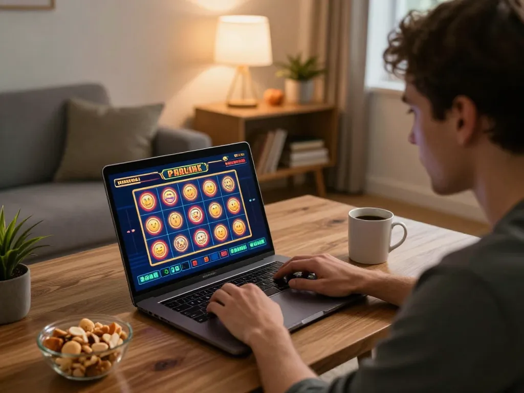 Player enjoying a situs gacor slot game on a laptop with cozy home settings and engaging atmosphere