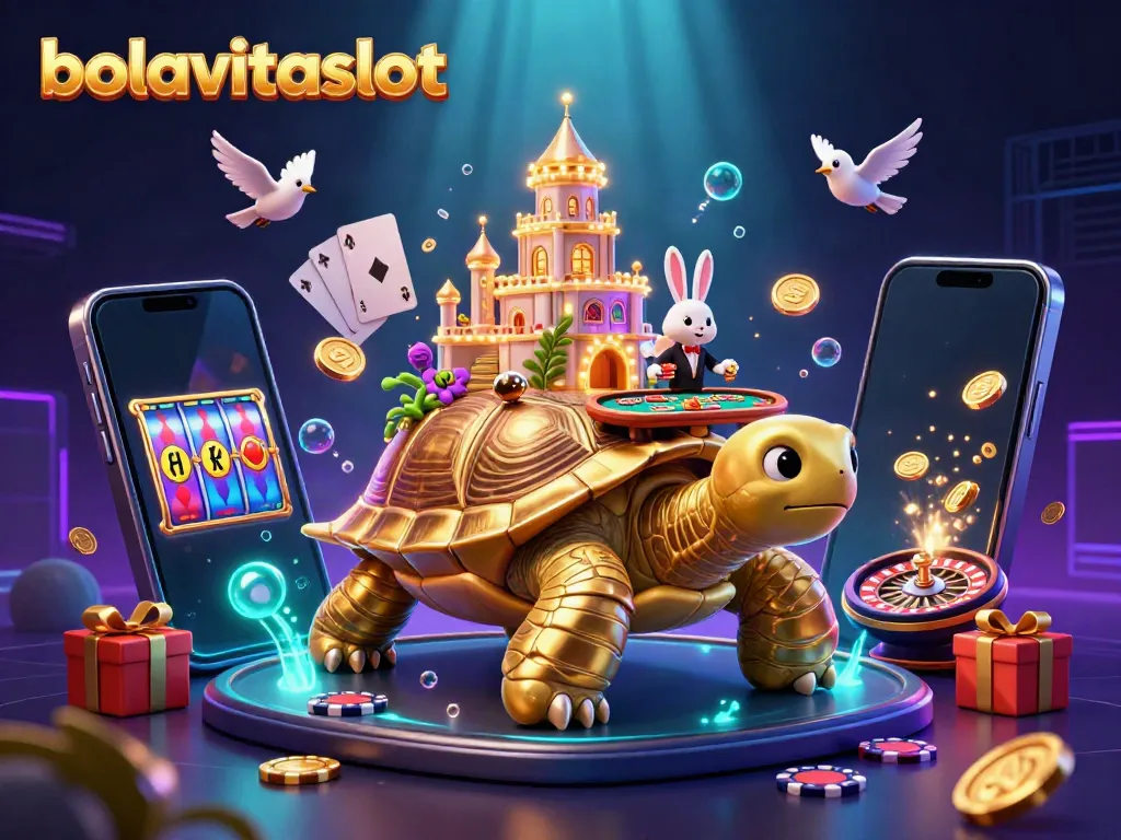 Engage with bolavitaslot's exciting casino world featuring a golden tortoise, rabbit dealer, and flying coins.