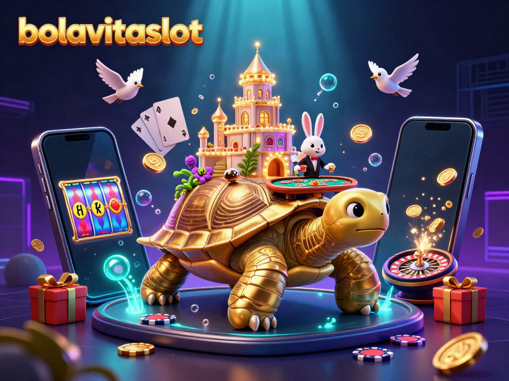 Engage with bolavitaslot's exciting casino world featuring a golden tortoise, rabbit dealer, and flying coins.