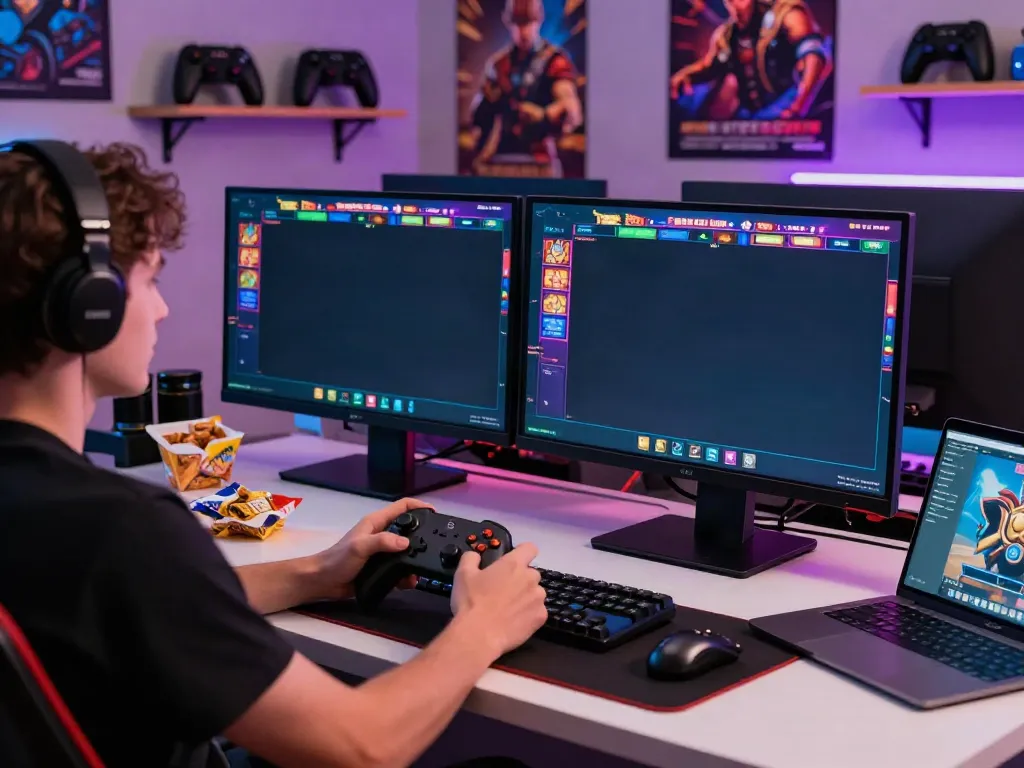 A vibrant gaming setup showcasing akunjp slot gaming experience with colorful graphics and LED lights.
