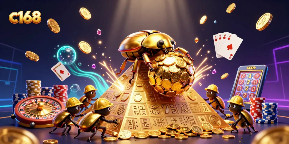Experience the thrill of c168 with golden beetles rolling coins, vibrant casino elements, and glowing gems.