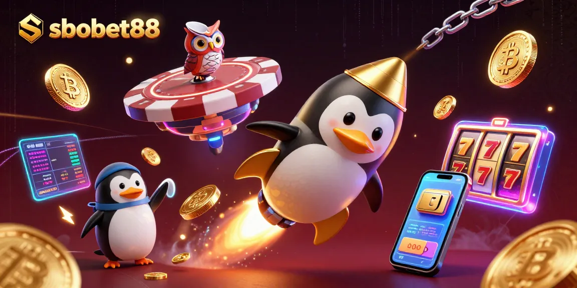 Experience sbobet88 with a golden penguin and cryptocurrency elements in a thrilling casino adventure.