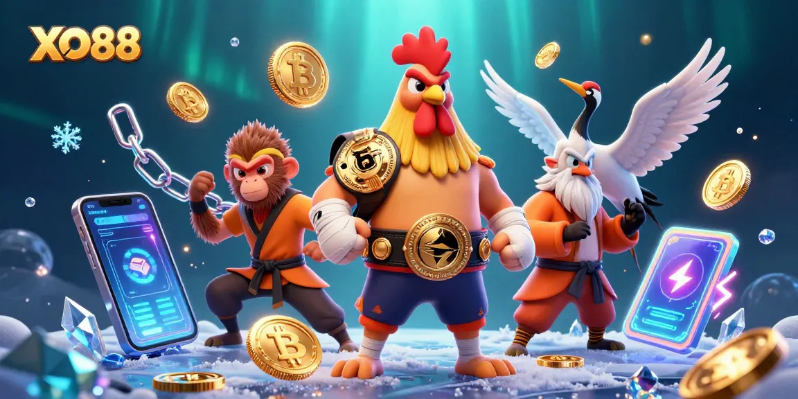Engage with XO88's vibrant casino scene featuring a fierce rooster and martial artists amidst glowing crypto coins.