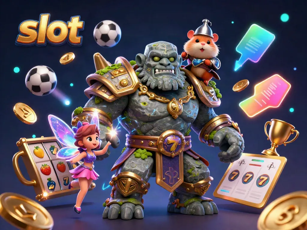 Engage with slot adventure featuring a golem, fairy, and hamster knight amidst action elements.