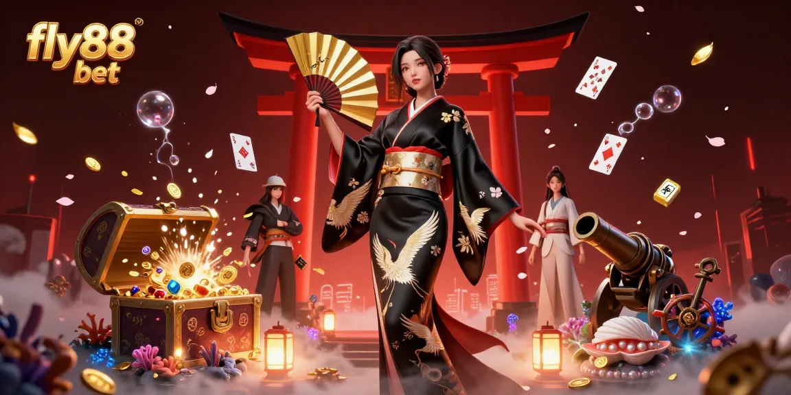 Experience the excitement of fly88 bet with a vibrant 3D illustration showcasing Asian gaming elements and dynamic casino features.