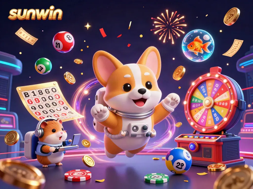 Experience thrilling gameplay at Sunwin with a floating astronaut corgi, poker chips, and vibrant casino elements.