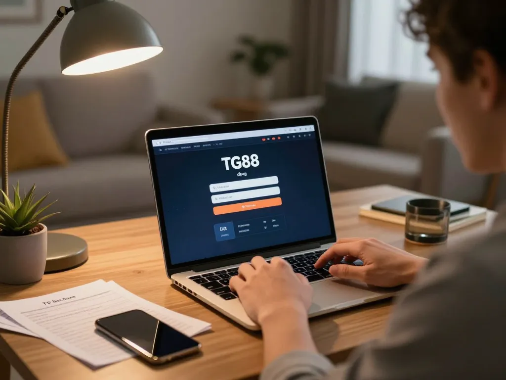 Tg88 đăng nhập on an online platform, showcasing a user-friendly gambling interface in a cozy home setting.