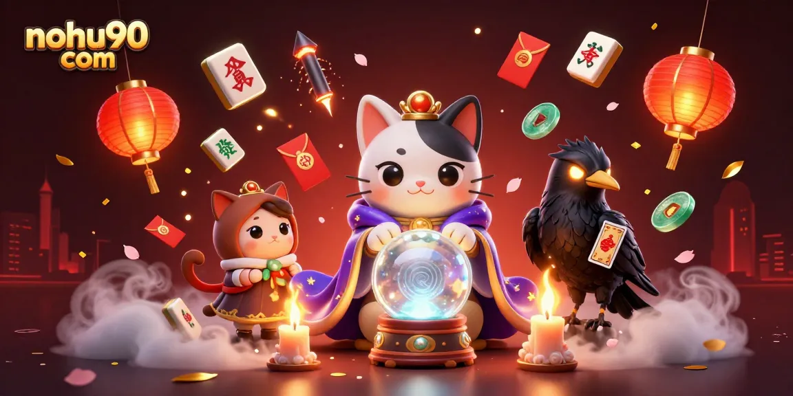 Engage with nohu90 com as a mystical cat and raven unveil exciting jackpot possibilities in this vibrant casino scene.