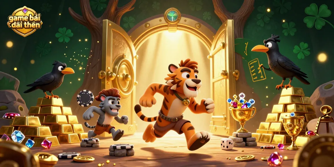 Engage in game bài đổi thưởng with a vibrant 3D prehistoric casino scene featuring caveman characters and treasure elements.