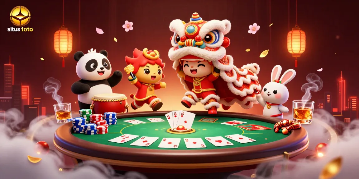 Engage with situs toto's lively atmosphere featuring a dynamic scene with a lion dance, poker elements, and festive decorations.