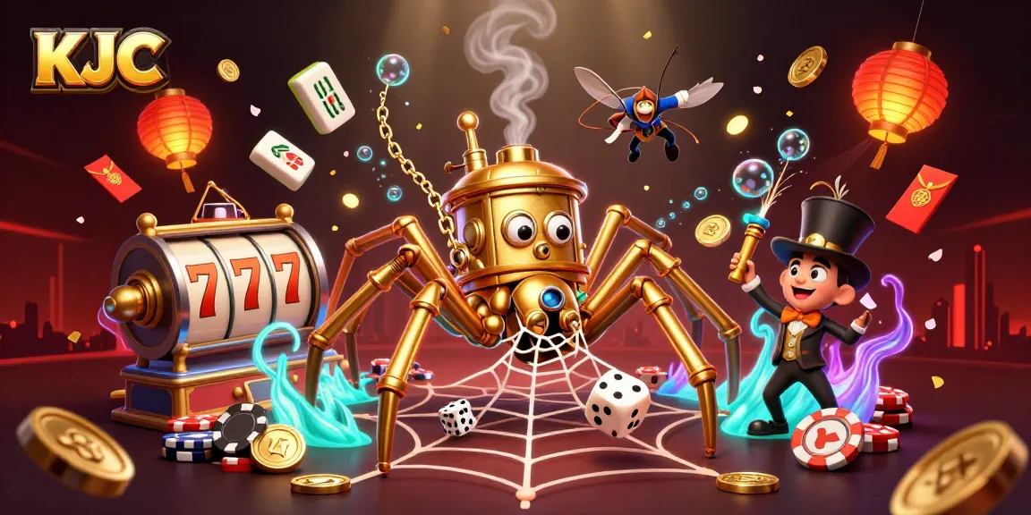 KJC brings exciting slot game action with a steampunk spider and poker elements amidst festive fireworks.