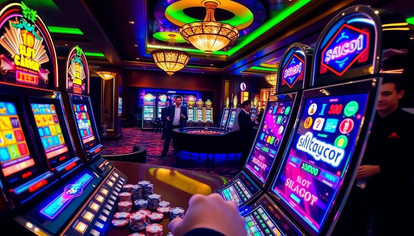 Player enjoying a slot gacor machine in a vibrant casino with poker chips and roulette wheel.