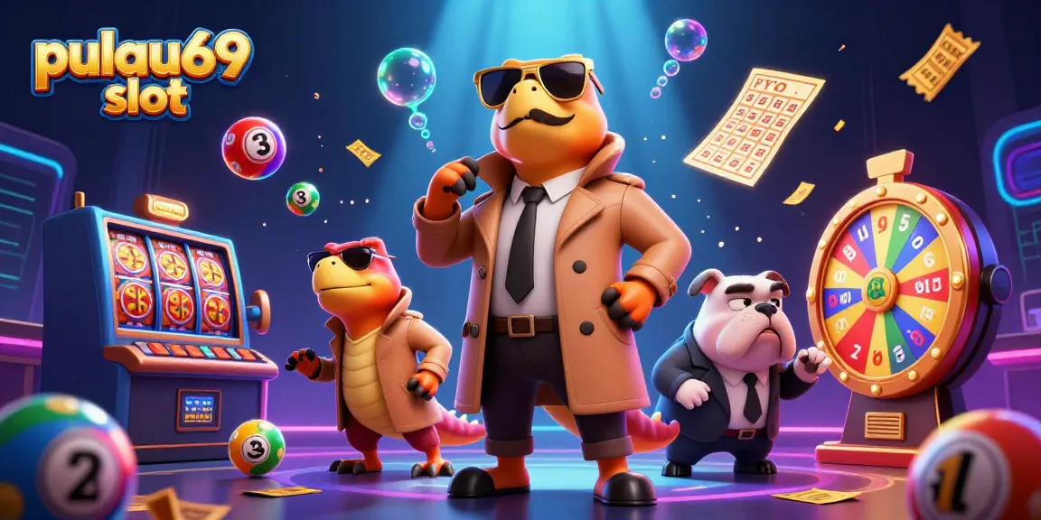 Experience pulau69 slot excitement with vibrant gaming elements and cartoonish characters in a lively casino scene.