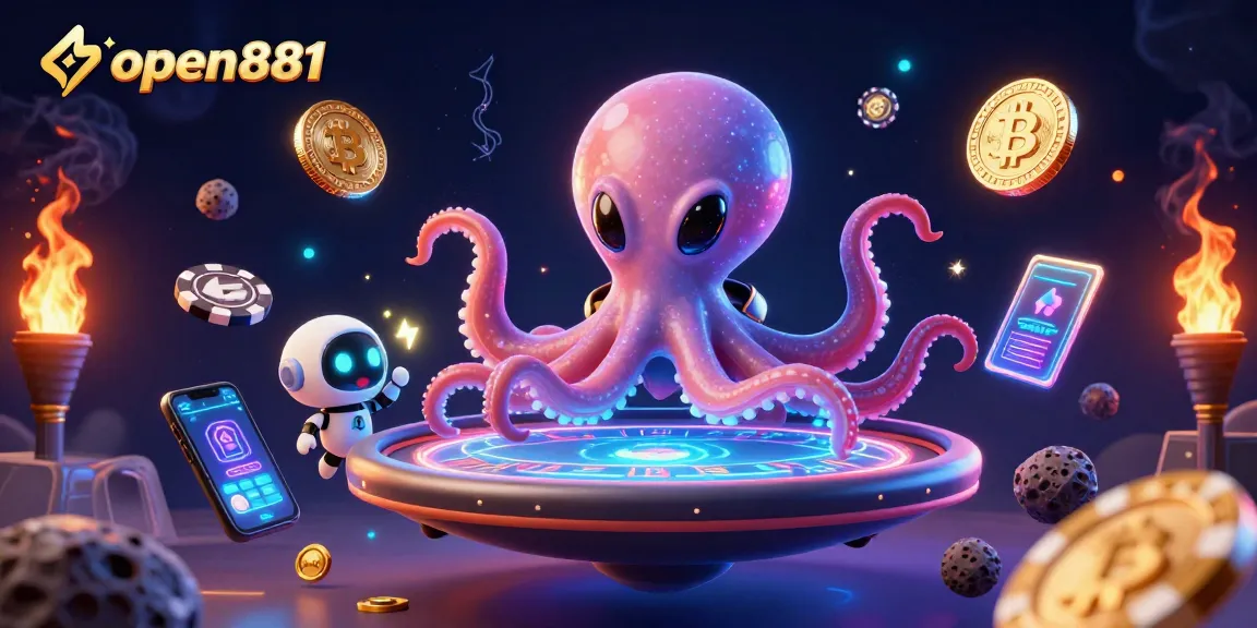 Experience thrilling games with open881's alien octopus dealer at digital poker table.