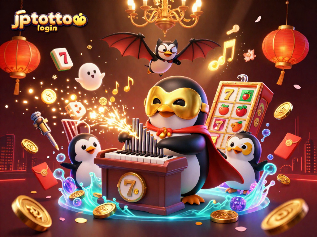 Experience thrilling gameplay with jptoto login as golden coins flow from a grand pipe organ in a vibrant casino scene.