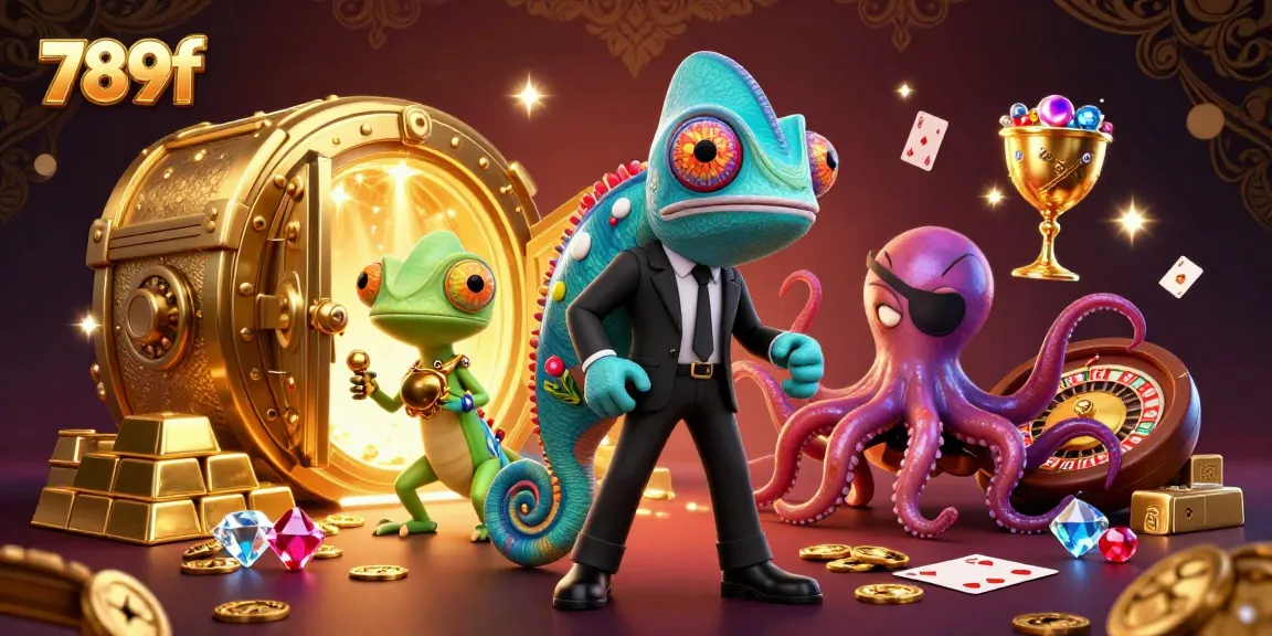 Engage in thrilling games at 789f, featuring a vibrant casino scene with colorful characters and treasures.