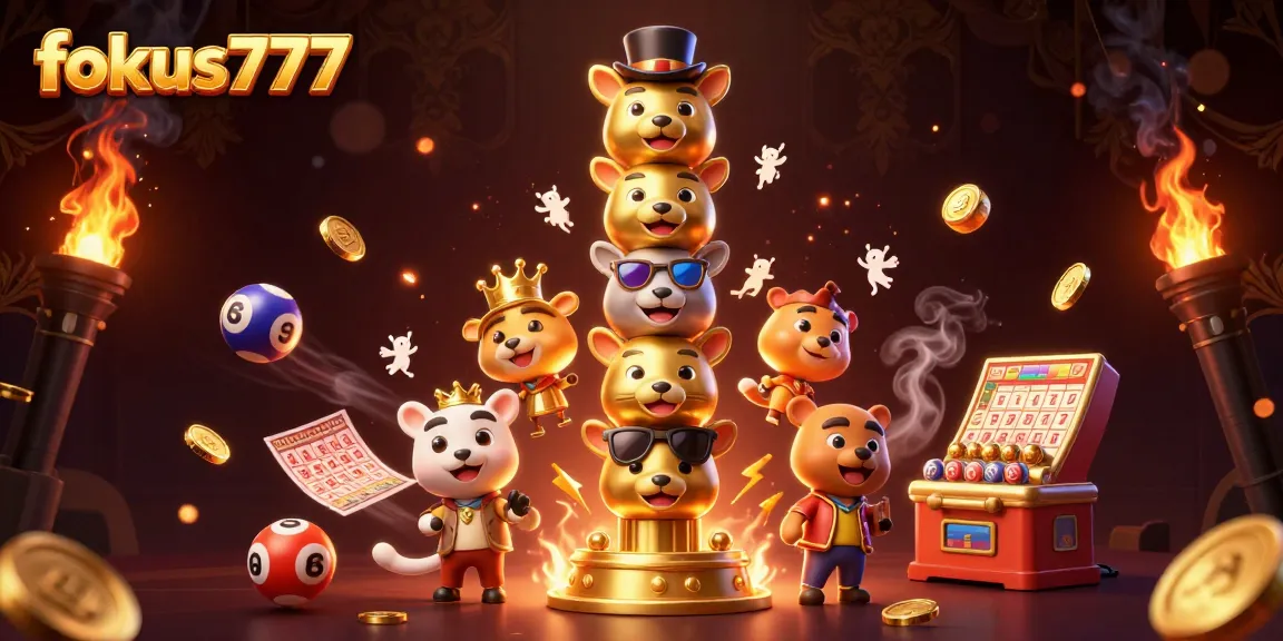 Engage with fokus777's latest lottery opportunities featuring vibrant animated elements and a dynamic totem.