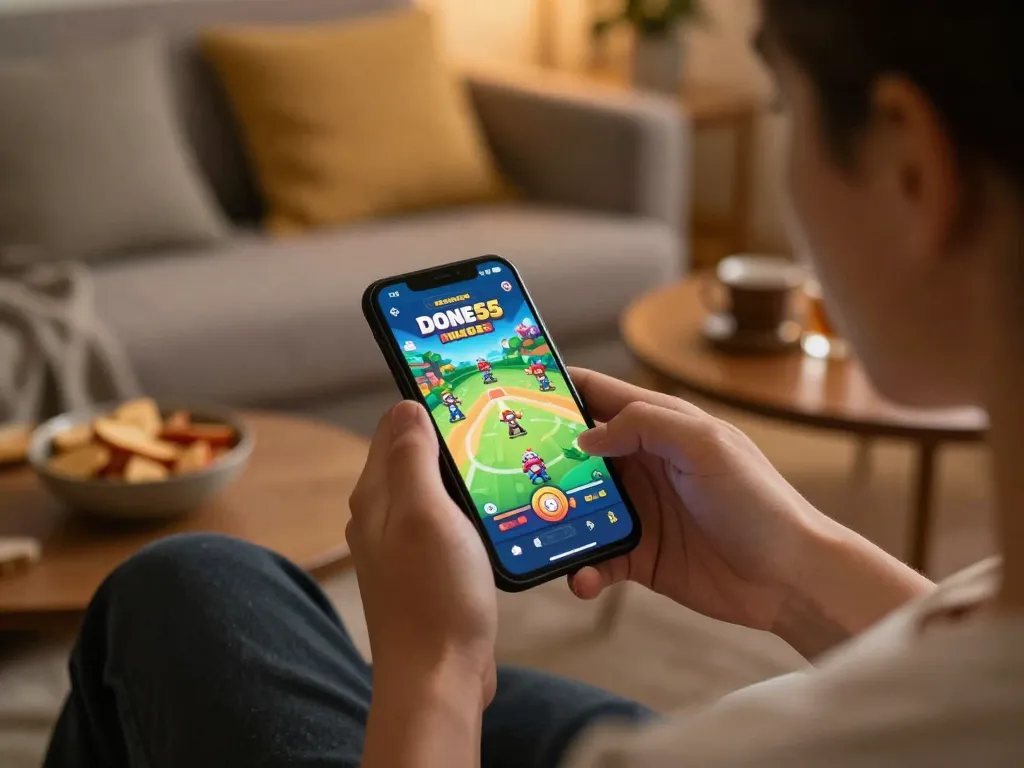 Playing the done55 game on a smartphone in a cozy living room environment while enjoying snacks