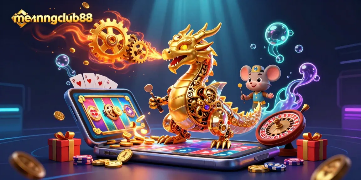 Experience excitement with menangclub88 as a golden dragon breathes gears and cogs in an enchanting casino scene.