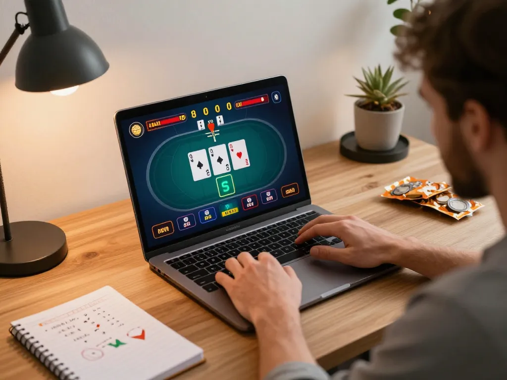 Kuwin player placing bets in an online poker game, showcasing strategic gameplay in a cozy home setting.