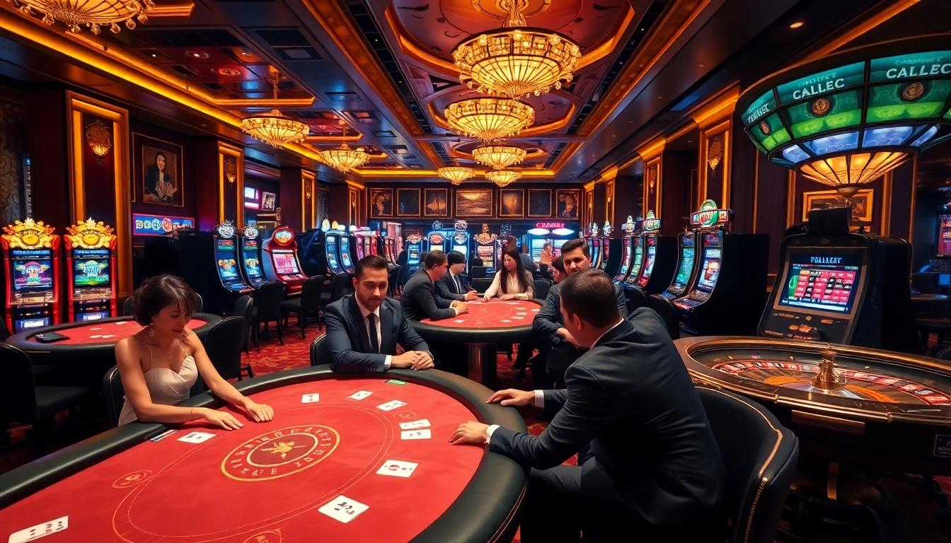 Experience excitement at c168 com with leisurely gamblers at a vibrant casino table surrounded by bright slot machines.