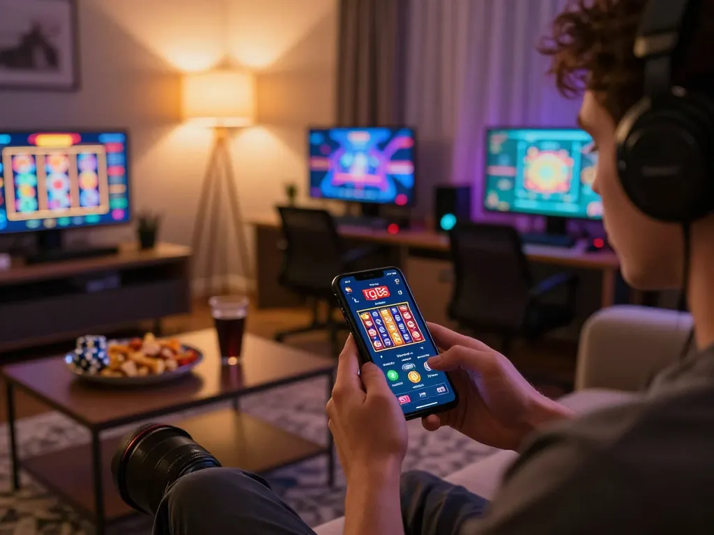 Player enjoying tg88 casino app on smartphone in cozy home setting, highlighting engaging online gaming.