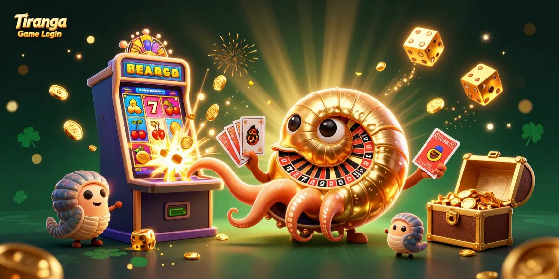 Tiranga Game Login dynamic scene with a nautilus roulette wheel, slot machine explosion, and colorful casino elements.