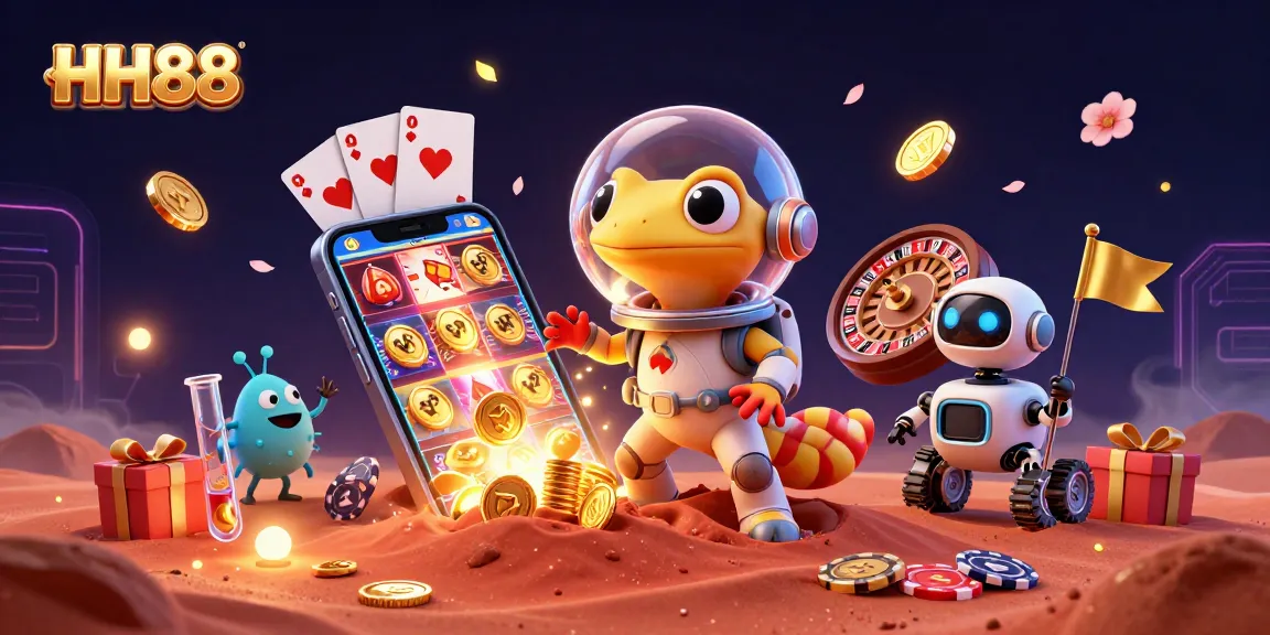Engage with HH88 as the Martian gecko discovers a golden casino amid red sands, surrounded by vibrant gaming elements.