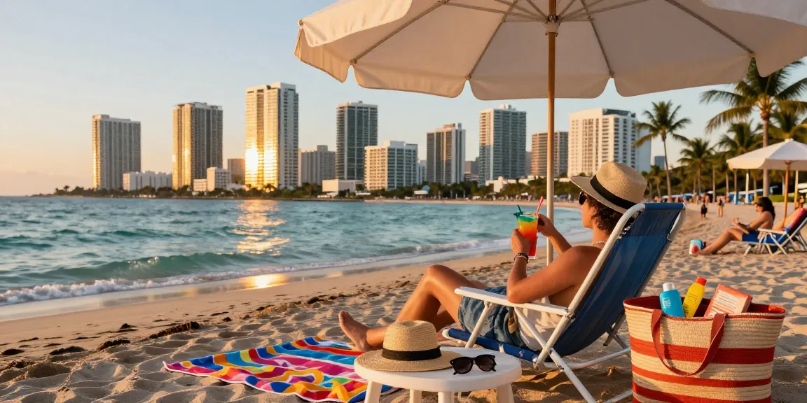Pemandangan liburan di pantai Miami dengan suasana santai, menikmati minuman tropis sambil berjemur di bawah sinar matahari di https://miami4d.com/.