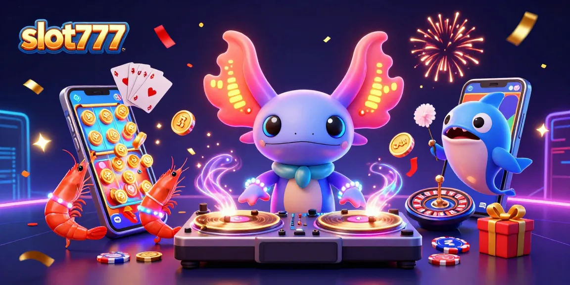 Permainan slot777 dengan karakter kartun neon dan elemen kasino yang meriah.