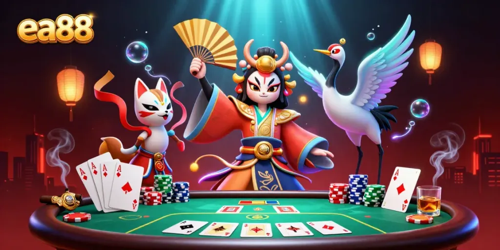 Win big at ea88 with a vibrant illustration of a kabuki warrior and poker elements!