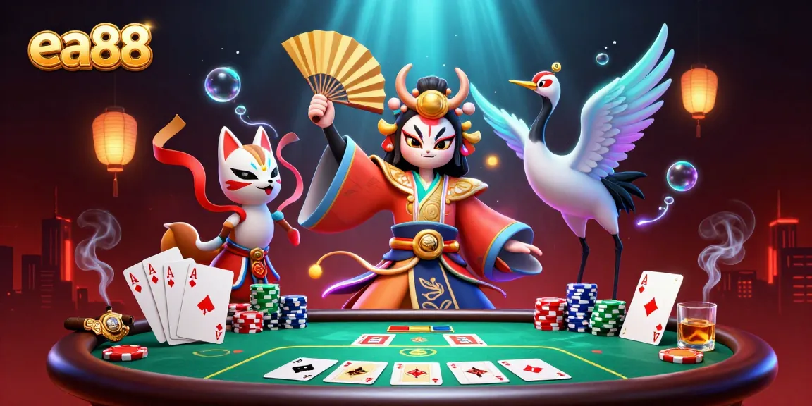 Win big at ea88 with a vibrant illustration of a kabuki warrior and poker elements!