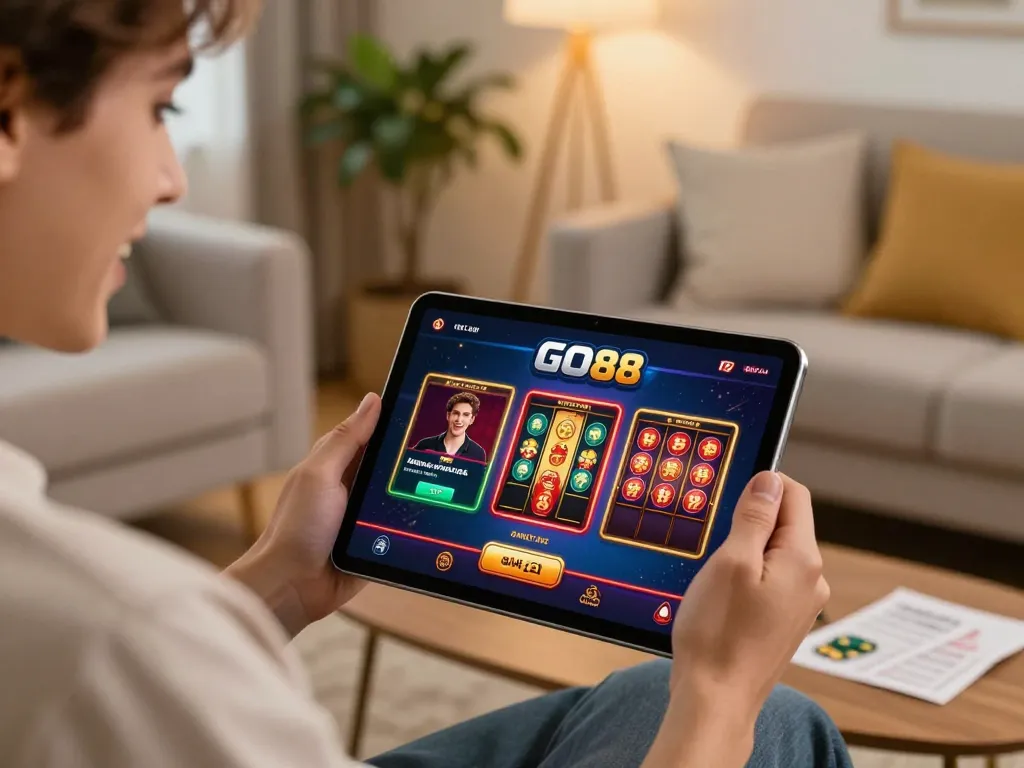 Engaging in online gaming with the GO88 app on a tablet in a cozy living space.