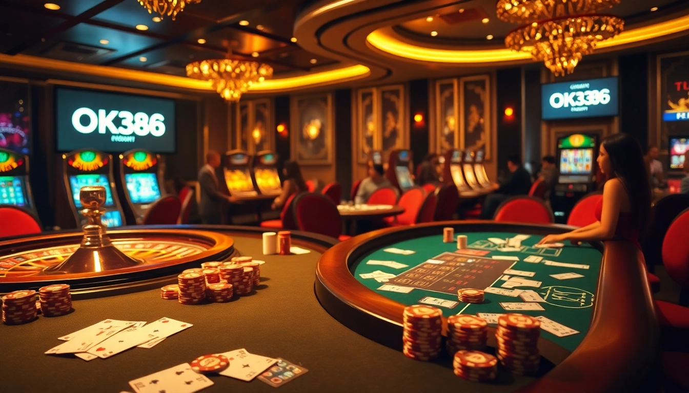 Engaged gamblers at a luxury poker table featuring OK8386 branding amid vibrant chips and cards.