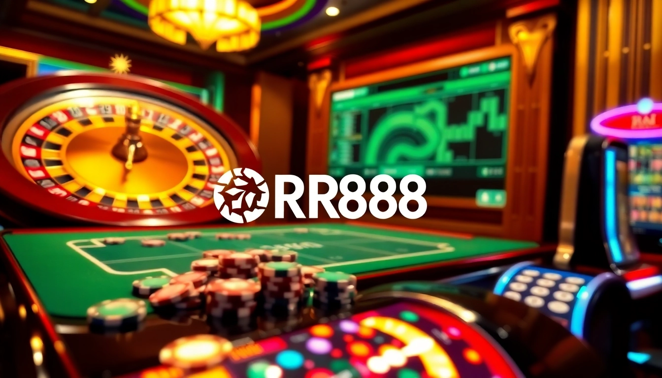 Rejoignez l'excitation de RR88 avec des jetons de poker colorés et une roulette dans un cadre de casino luxueux.