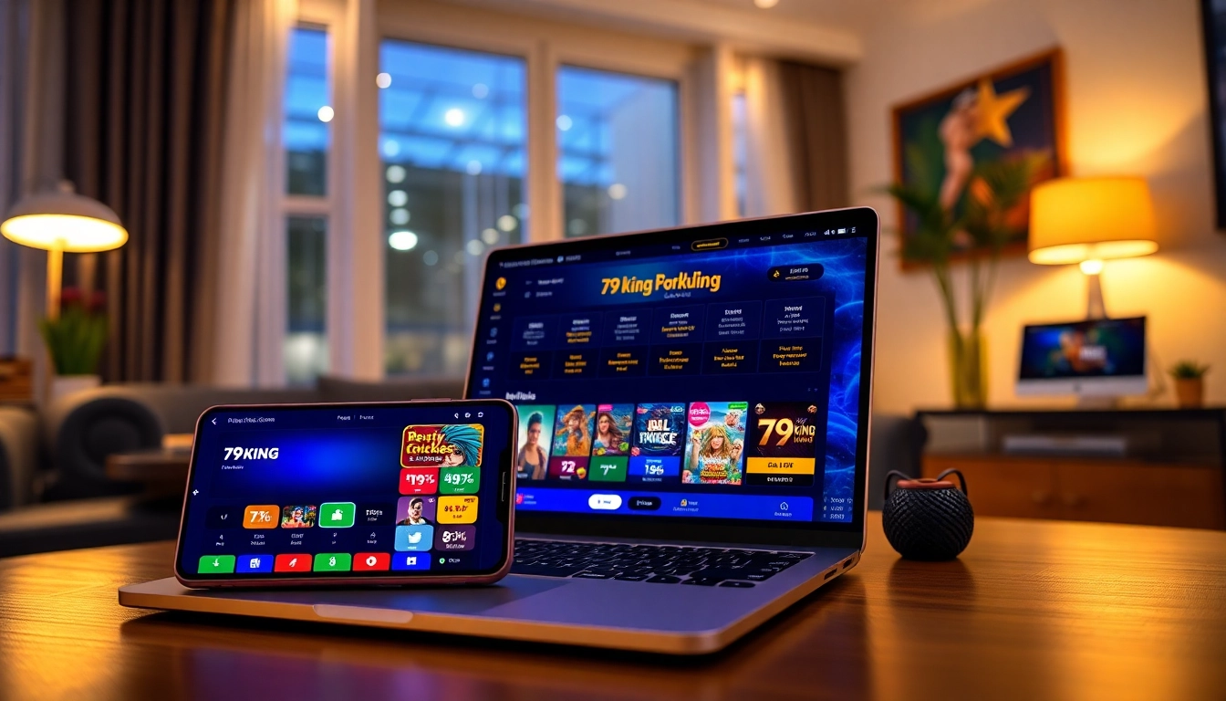 Aantrekkelijke online gaming scène die het 79king casino platform en de smartphone app toont.