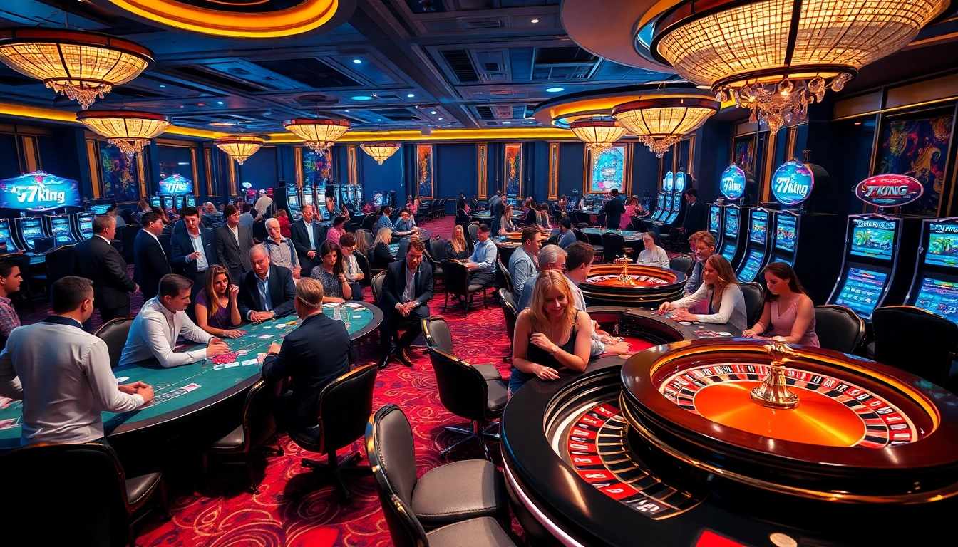 Players celebrating big wins at the 79king casino, showcasing poker tables and slot machines.