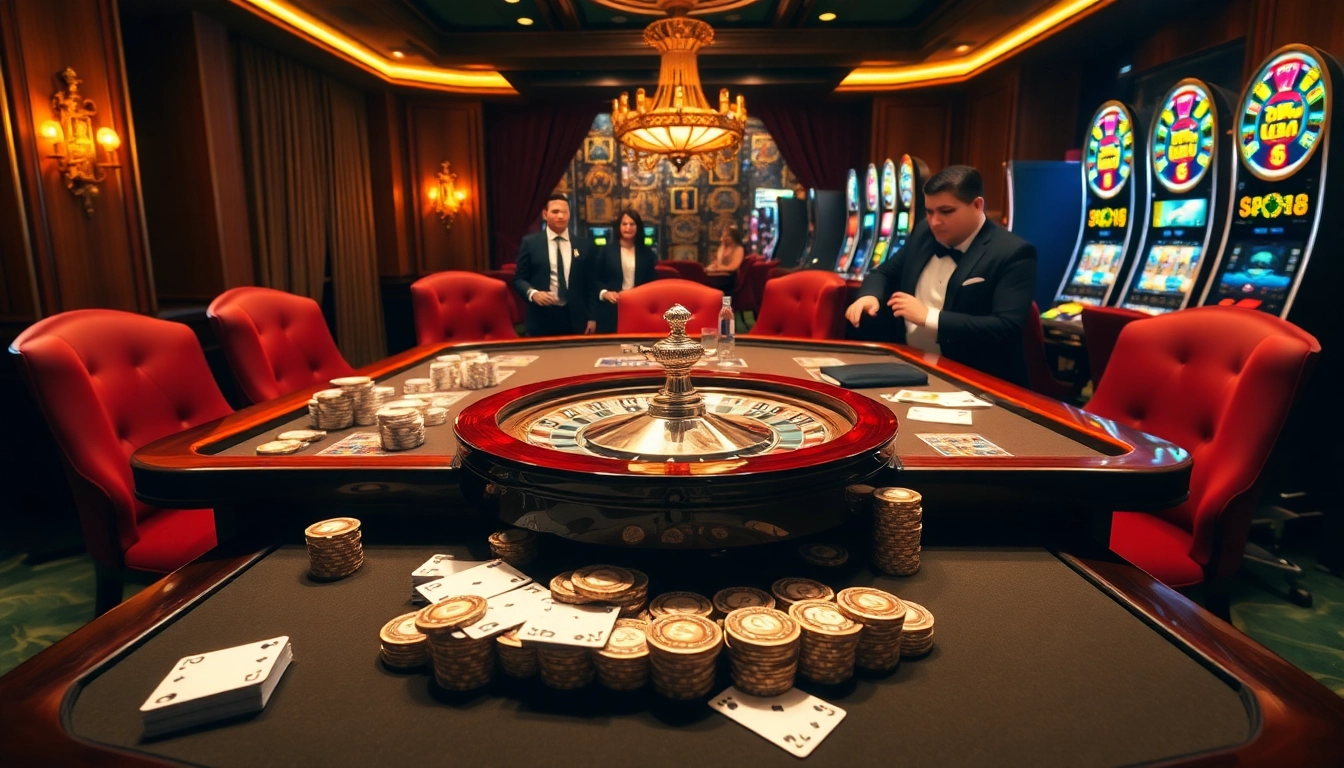Experience the excitement of GG88 with a luxurious casino scene featuring roulette and poker action.