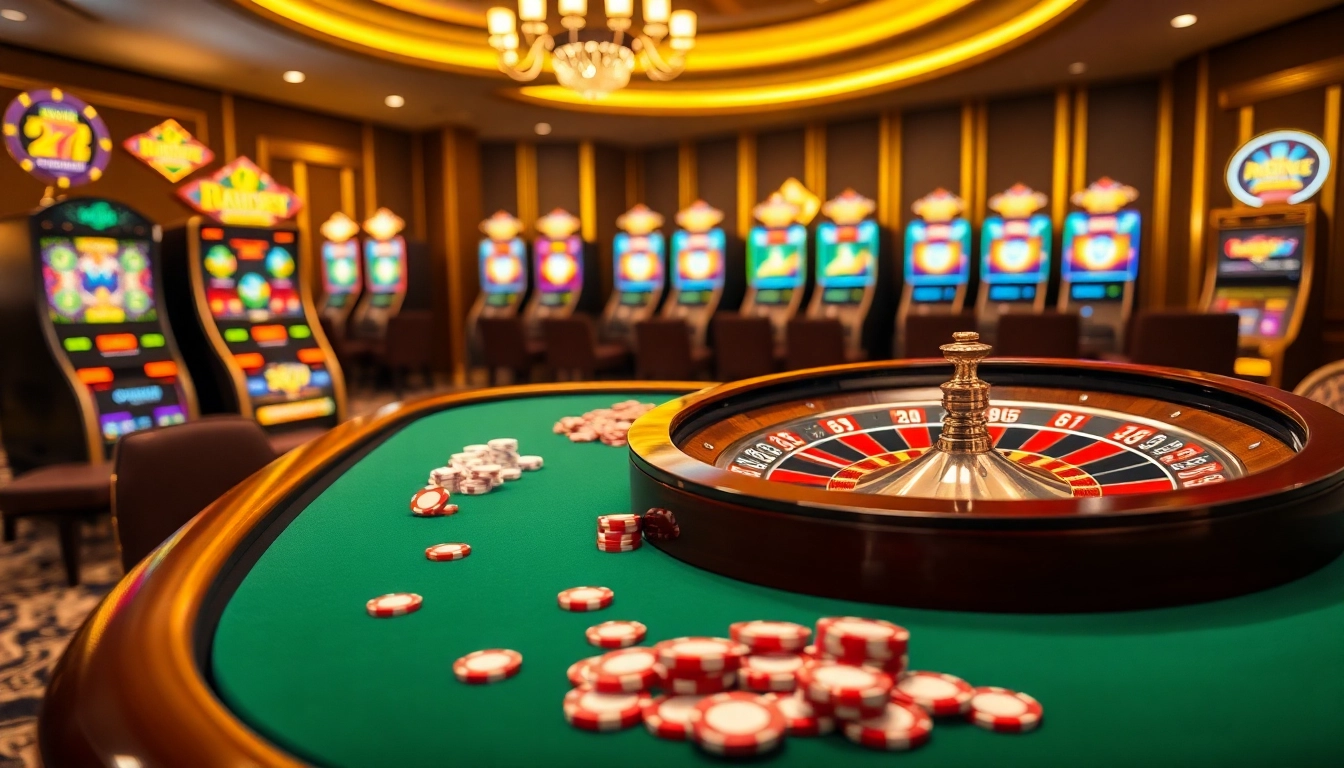 Betting excitement at https://go8.food/ with vibrant casino tables and colorful slot machines.