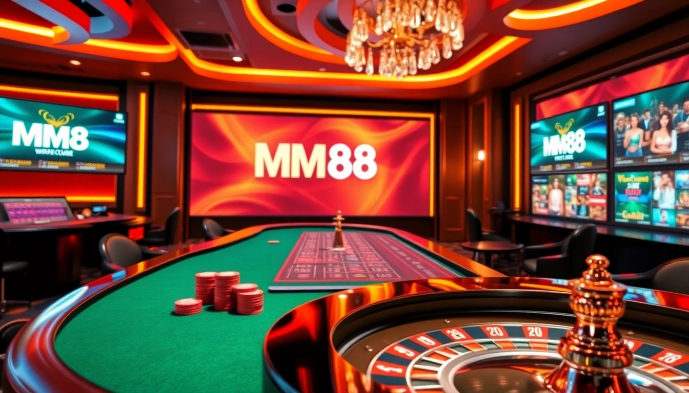 Experience the thrill of online gambling at MM 88, featuring an elegant casino setup with poker chips and a roulette wheel.