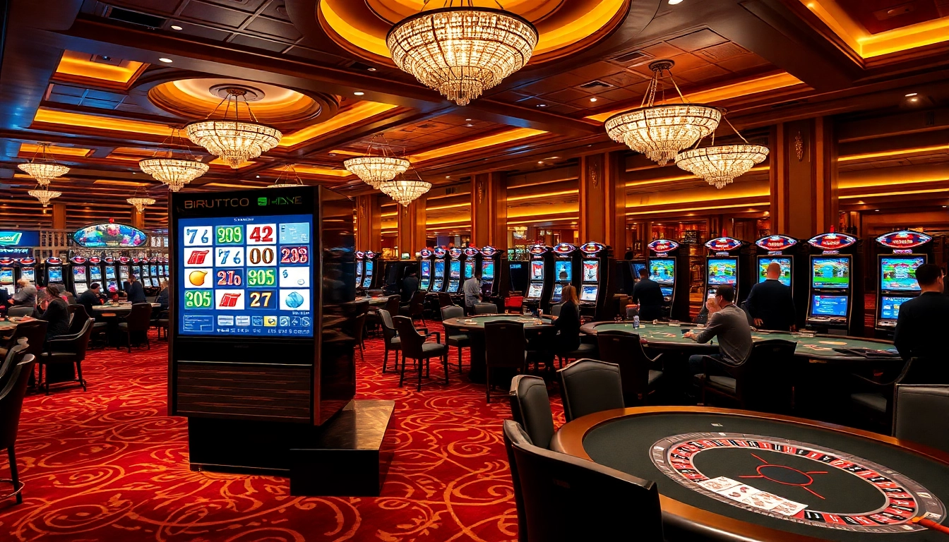 Penjudi yang menikmati mesin slot dan permainan poker di kasino mewah, menonjolkan Birutoto.