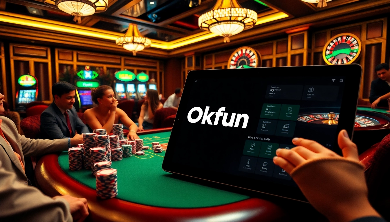 Players enjoying a dynamic poker game at Okfun's luxurious casino.
